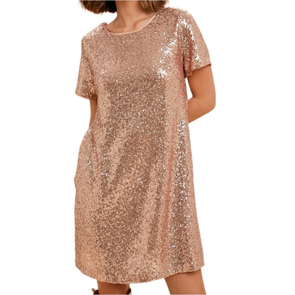 Solution Womens Rose Gold Sequin Short Sleeve Shift Dress Size Medium NWT
